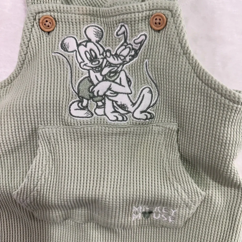 Disney Baby Mickey Mouse Pluto Overalls 3-6M Green Waffle‎ Knit organic Cotton